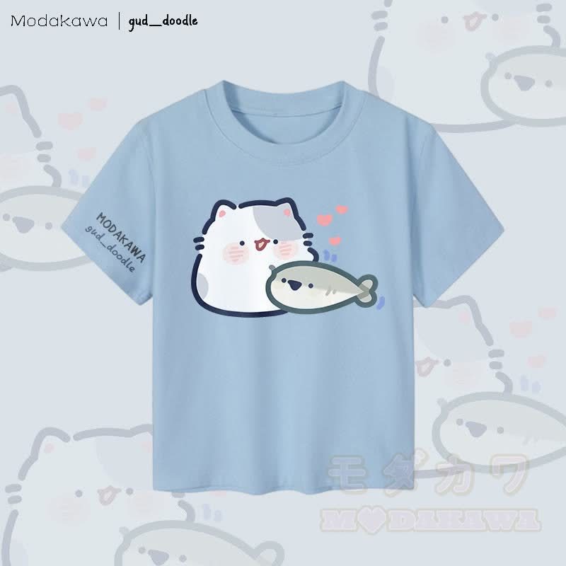 MODAKAWA x gud_doodleキティと魚のグラフィック レディース クロップドTシャツ 92% コーマ綿クロップトップ - 青 - XL - image 2