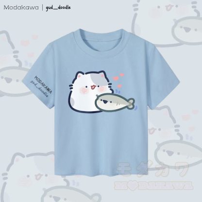 MODAKAWA x gud_doodleキティと魚のグラフィック レディース クロップドTシャツ 92% コーマ綿クロップトップ - 青 - XL - image 2