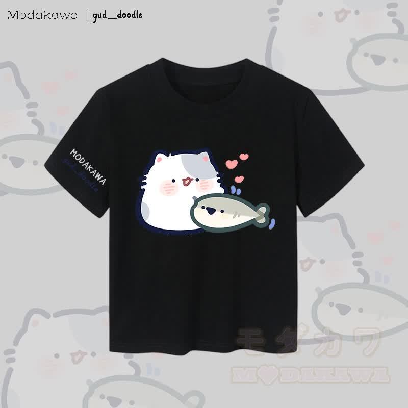 MODAKAWA x gud_doodleキティと魚のグラフィック レディース クロップドTシャツ 92% コーマ綿クロップトップ - 黒 - XL - image 5