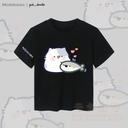 MODAKAWA x gud_doodleキティと魚のグラフィック レディース クロップドTシャツ 92% コーマ綿クロップトップ - 黒 - XL - image 5
