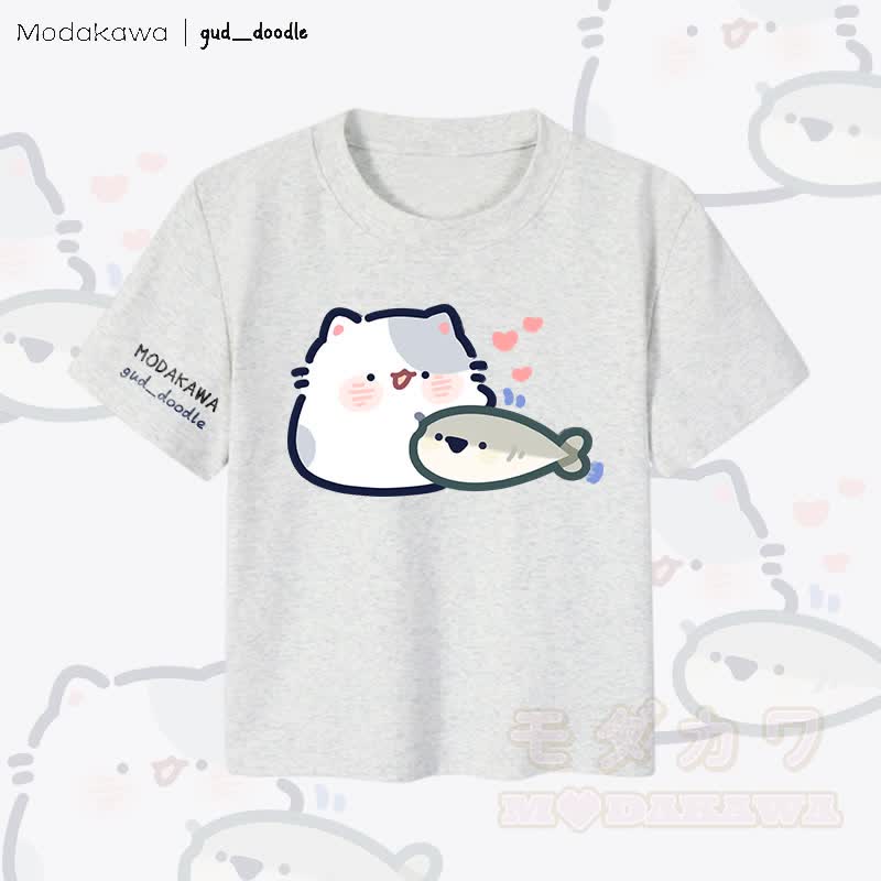 MODAKAWA x gud_doodleキティと魚のグラフィック レディース クロップドTシャツ 92% コーマ綿クロップトップ - グレー - XL - image 1