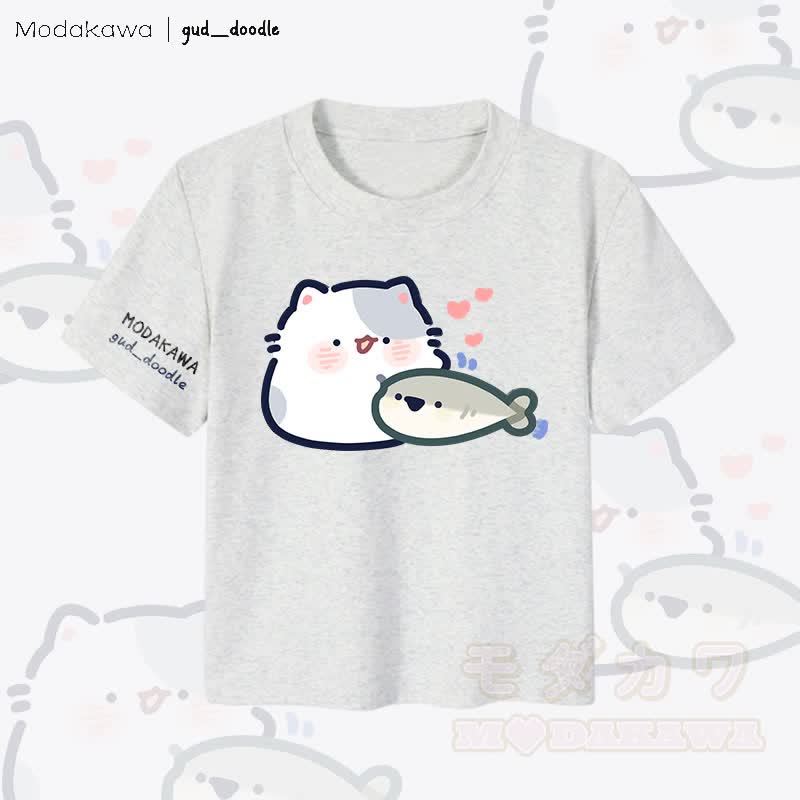 MODAKAWA x gud_doodleキティと魚のグラフィック レディース クロップドTシャツ 92% コーマ綿クロップトップ - グレー - XL - image 1