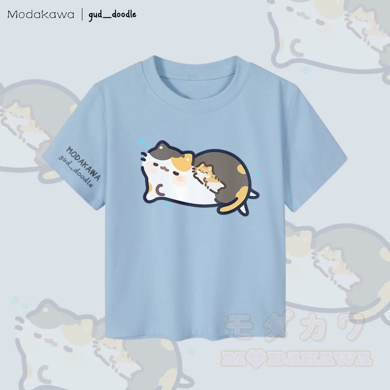MODAKAWA x gud_doodleスリーピングキティ グラフィック レディース クロップドTシャツ 92% コーマ綿クロップトップ - 青 - XL - image 1