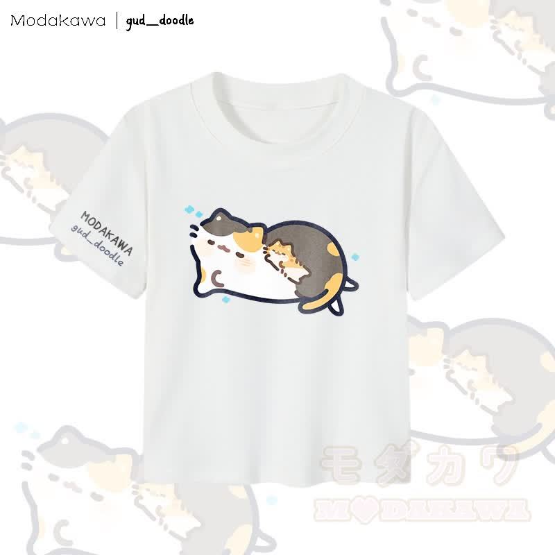 MODAKAWA x gud_doodleスリーピングキティ グラフィック レディース クロップドTシャツ 92% コーマ綿クロップトップ - 白 - XL - image 4