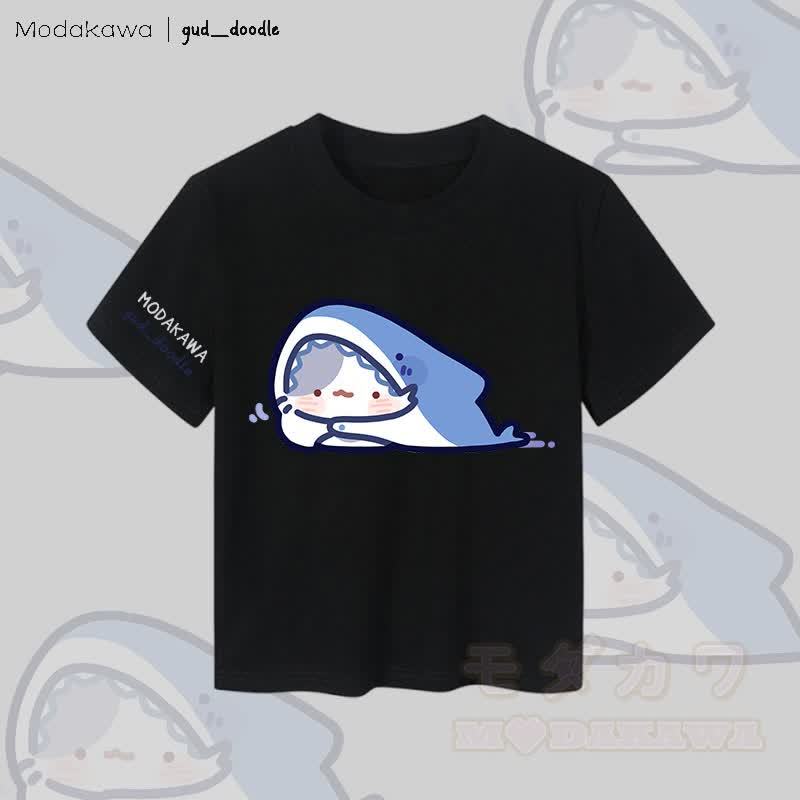 MODAKAWA x gud_doodleキティシャークグラフィック レディース クロップドTシャツ 92%コーマ綿クロップトップ - 黒 - XL - image 1