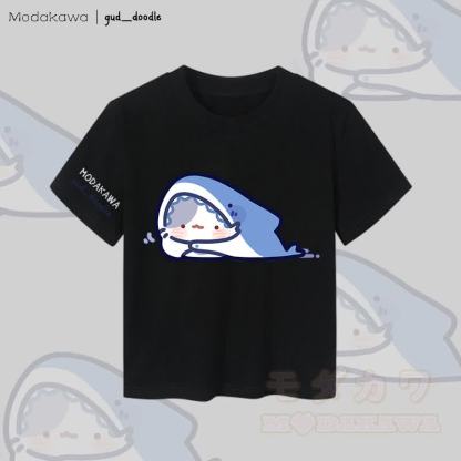 MODAKAWA x gud_doodleキティシャークグラフィック レディース クロップドTシャツ 92%コーマ綿クロップトップ - 黒 - XL - image 1