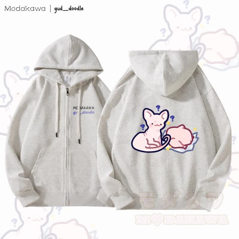 MODAKAWA x gud_doodleキティチキングラフィック 裏起毛 ジップアップ パーカー スウェットシャツ - ライトグレー - 5XL - image 2