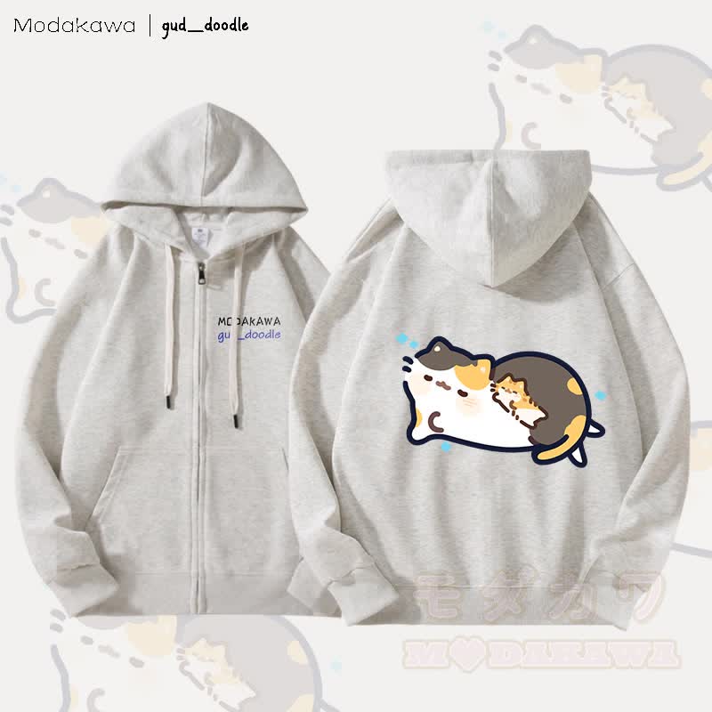 MODAKAWA x gud_doodleスリーピングキティ グラフィック フリース 裏地 ジップアップ パーカー スウェットシャツ - ライトグレー - 5XL - image 3