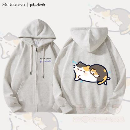MODAKAWA x gud_doodleスリーピングキティ グラフィック フリース 裏地 ジップアップ パーカー スウェットシャツ - ライトグレー - 5XL - image 3