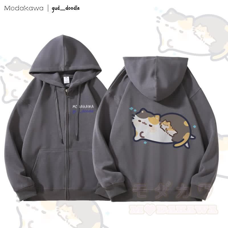 MODAKAWA x gud_doodleスリーピングキティ グラフィック フリース 裏地 ジップアップ パーカー スウェットシャツ - ダークグレー - 5XL - image 4