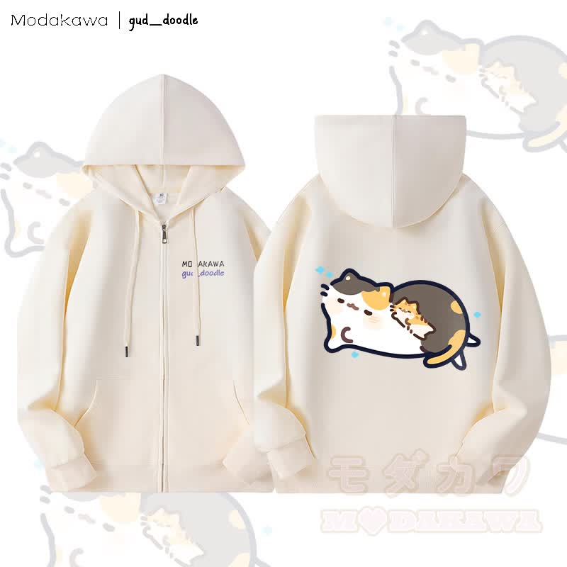 MODAKAWA x gud_doodleスリーピングキティ グラフィック フリース 裏地 ジップアップ パーカー スウェットシャツ - ベージュ - 5XL - image 1