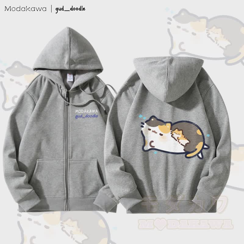 MODAKAWA x gud_doodleスリーピングキティ グラフィック フリース 裏地 ジップアップ パーカー スウェットシャツ - グレー - 5XL - image 2