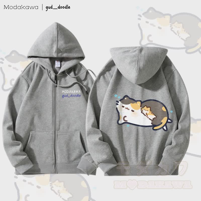 MODAKAWA x gud_doodleスリーピングキティ グラフィック フリース 裏地 ジップアップ パーカー スウェットシャツ - グレー - 5XL - image 2