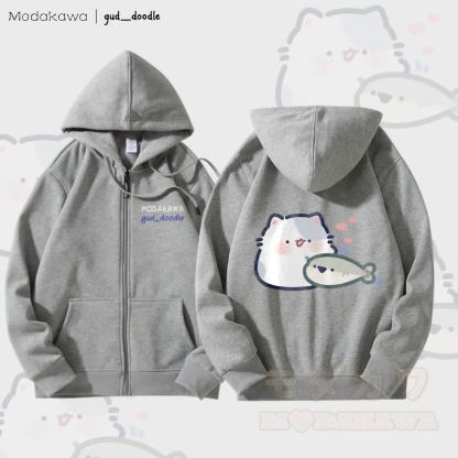 MODAKAWA x gud_doodleキティと魚のグラフィック 裏起毛 ジップアップ パーカー スウェットシャツ - グレー - 5XL - image 2