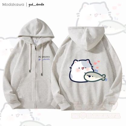 MODAKAWA x gud_doodleキティと魚のグラフィック 裏起毛 ジップアップ パーカー スウェットシャツ - ライトグレー - 5XL - image 1