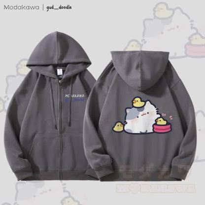 MODAKAWA x gud_doodleキティとひよこのグラフィック フリース裏地 ジップアップ フーディー スウェットシャツ - ダークグレー - 5XL - image 1
