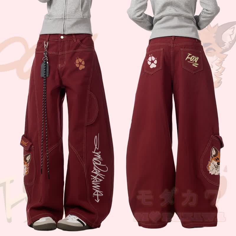 MODAKAWA × atka Fox スモーキンググラフィック デニムカーゴパンツ - ワインレッド - 3XL - image 2