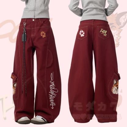 MODAKAWA × atka Fox スモーキンググラフィック デニムカーゴパンツ - ワインレッド - 3XL - image 2