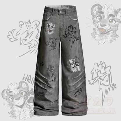 MODAKAWA X atka チーキータイガーフェイスグラフィックデニムパンツ - グレー - 2XL - image 1