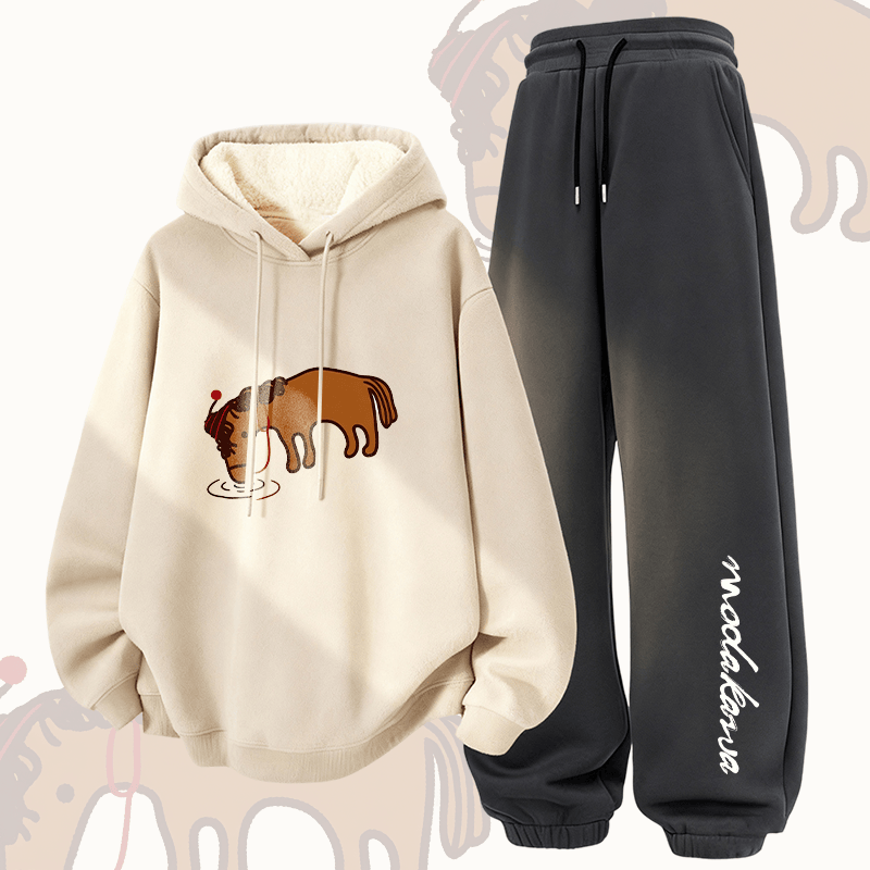 MODAKAWA Thirsty Horse グラフィック 厚手裏起毛 フーディーパンツ 2点セット - Apricot&Dark Grey - 5XL - image 1