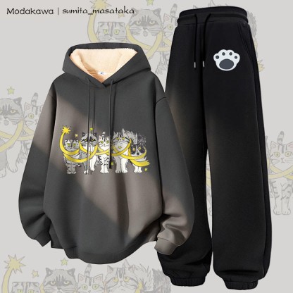 MODAKAWA X sumita_masataka 星に包まれた猫のグラフィック 厚手裏起毛パーカーパンツ 2点セット - Dark Grey&Black - 5XL - image 1