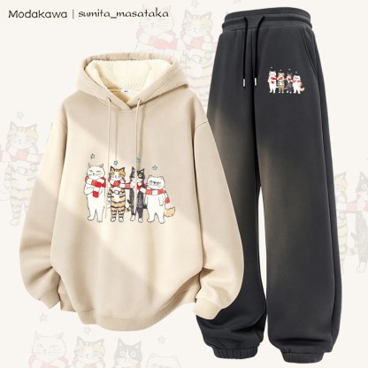 MODAKAWA X sumita_masataka スカーフシェアリングキャッツグラフィック 厚手裏起毛パーカーパンツ 2点セット - Apricot&Dark Grey - 5XL - image 1