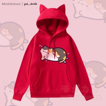 MODAKAWA x gud_doodleスリーピングキティ グラフィックポケット 裏起毛 猫耳付きパーカー - 赤 - 2XL - image 3