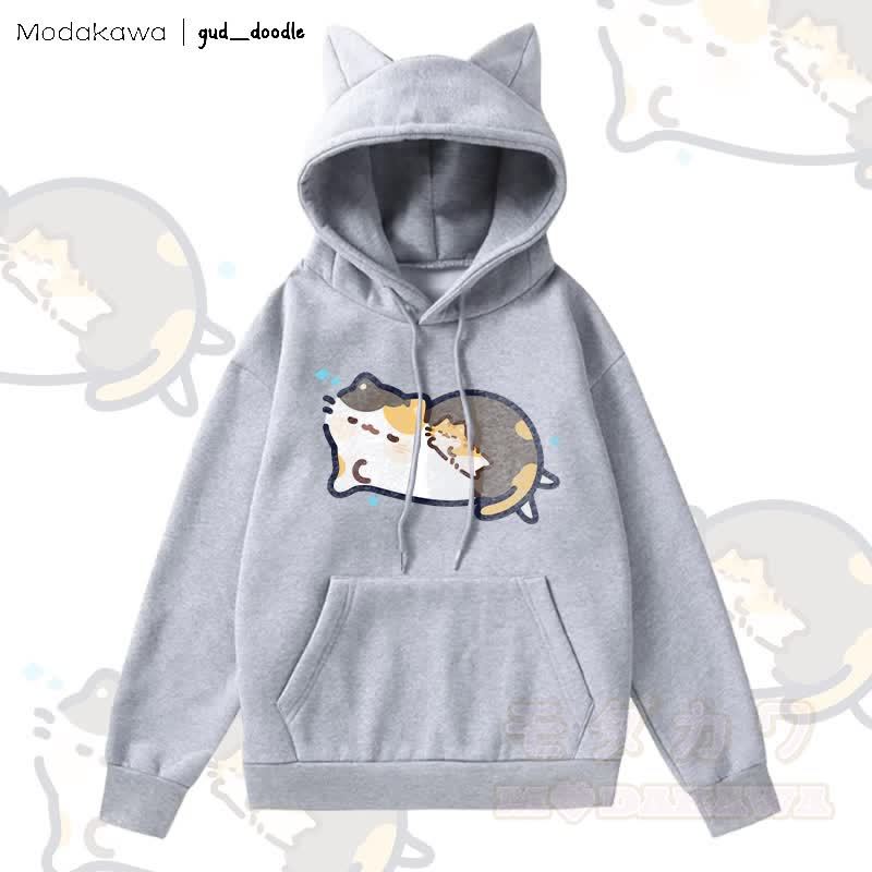 MODAKAWA x gud_doodleスリーピングキティ グラフィックポケット 裏起毛 猫耳付きパーカー - グレー - 2XL - image 2