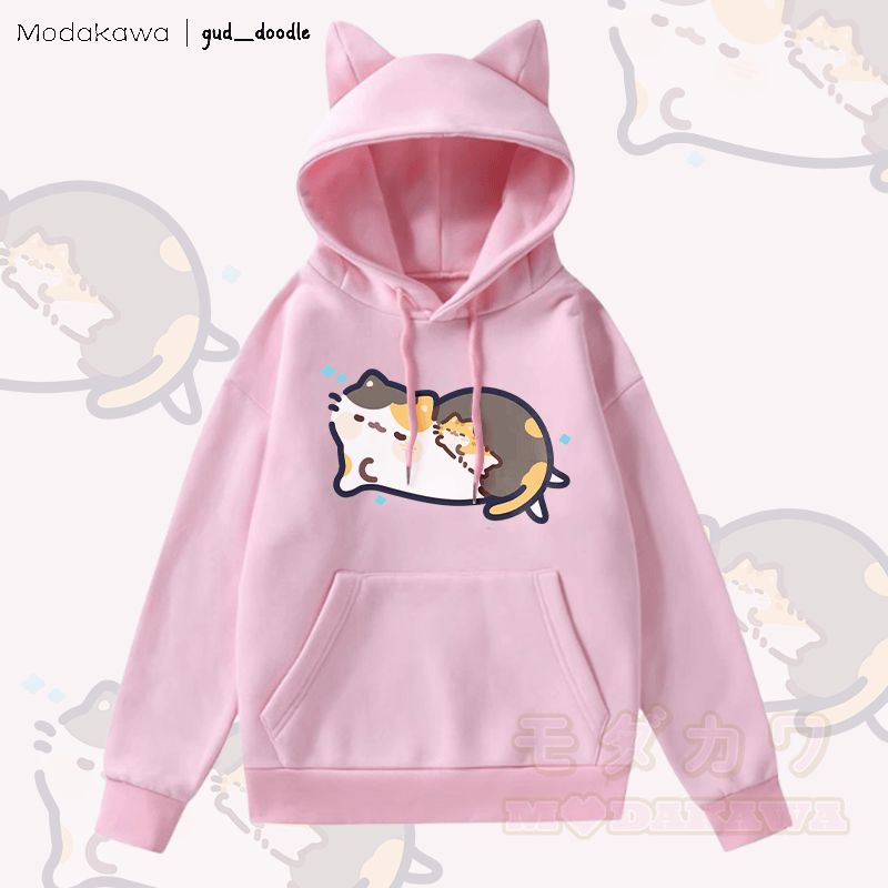 MODAKAWA x gud_doodleスリーピングキティ グラフィックポケット 裏起毛 猫耳付きパーカー - ピンク - 2XL - image 1