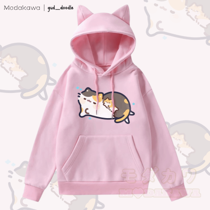 MODAKAWA x gud_doodleスリーピングキティ グラフィックポケット 裏起毛 猫耳付きパーカー - ピンク - 2XL - image 1