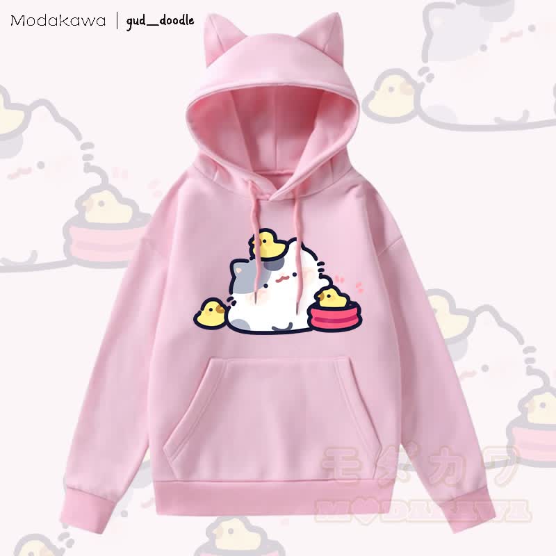 MODAKAWA x gud_doodleキティひよこグラフィックポケット付きフリース裏地パーカー（猫耳付き） - ピンク - 2XL - image 2