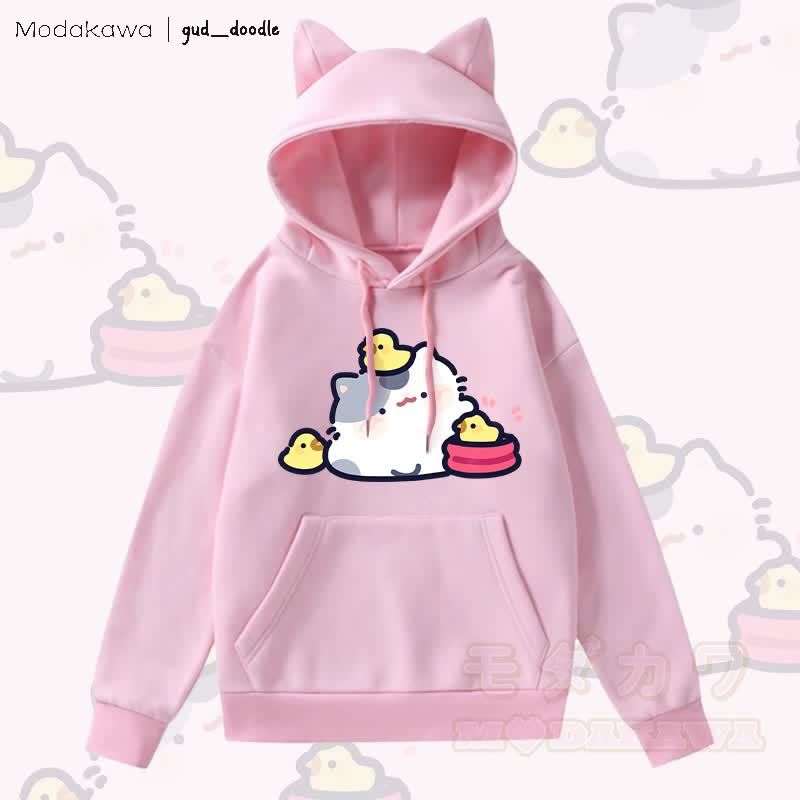 MODAKAWA x gud_doodleキティひよこグラフィックポケット付きフリース裏地パーカー（猫耳付き） - ピンク - 2XL - image 2