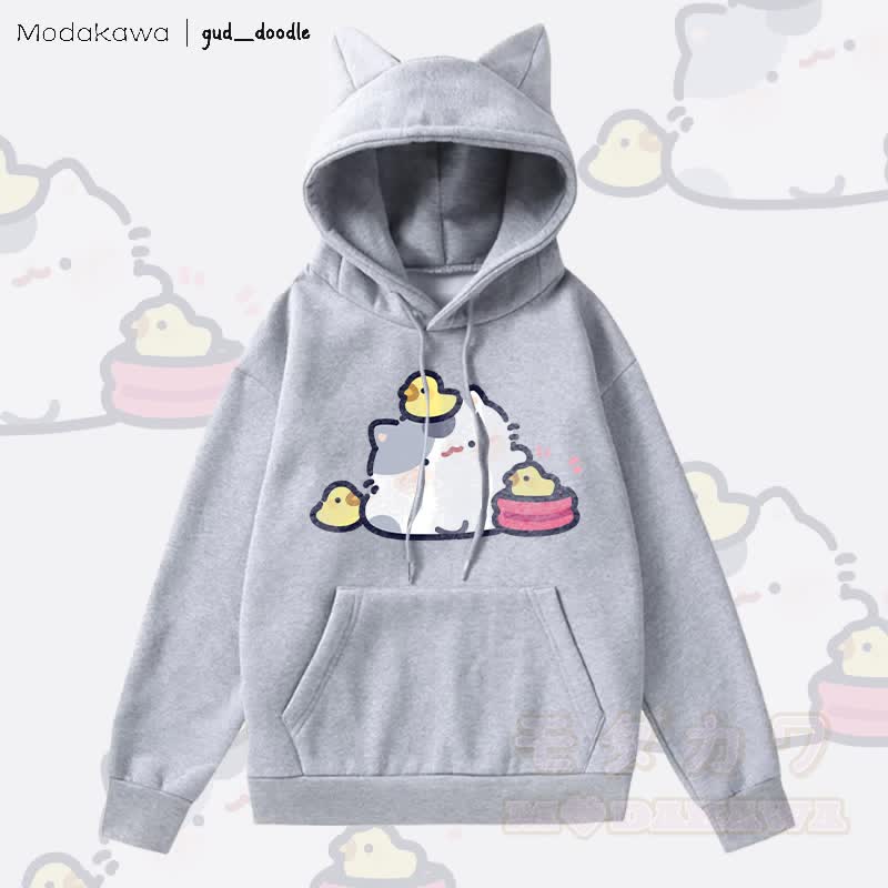 MODAKAWA x gud_doodleキティひよこグラフィックポケット付きフリース裏地パーカー（猫耳付き） - グレー - 2XL - image 1