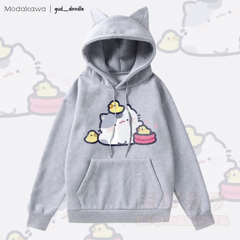 MODAKAWA x gud_doodleキティひよこグラフィックポケット付きフリース裏地パーカー（猫耳付き） - グレー - 2XL - image 1