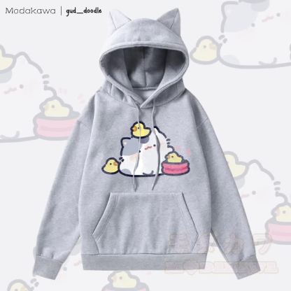 MODAKAWA x gud_doodleキティひよこグラフィックポケット付きフリース裏地パーカー（猫耳付き） - グレー - 2XL - image 1