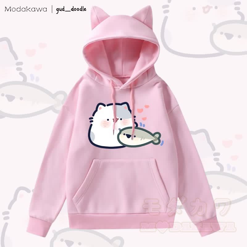 MODAKAWA x gud_doodle猫と魚のグラフィックポケット付きフリース裏地付き猫耳パーカー - ピンク - 2XL - image 2