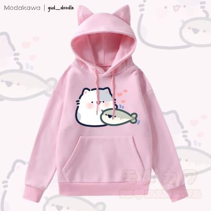 MODAKAWA x gud_doodle猫と魚のグラフィックポケット付きフリース裏地付き猫耳パーカー - ピンク - 2XL - image 2