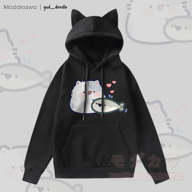 MODAKAWA x gud_doodle猫と魚のグラフィックポケット付きフリース裏地付き猫耳パーカー - 黒 - 2XL - image 1