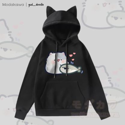 MODAKAWA x gud_doodle猫と魚のグラフィックポケット付きフリース裏地付き猫耳パーカー - 黒 - 2XL - image 1