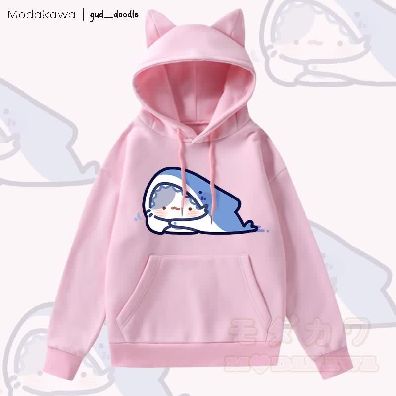 MODAKAWA x gud_doodleキティシャークグラフィックポケット付きフリース裏地パーカー（猫耳付き） - ピンク - 2XL - image 2
