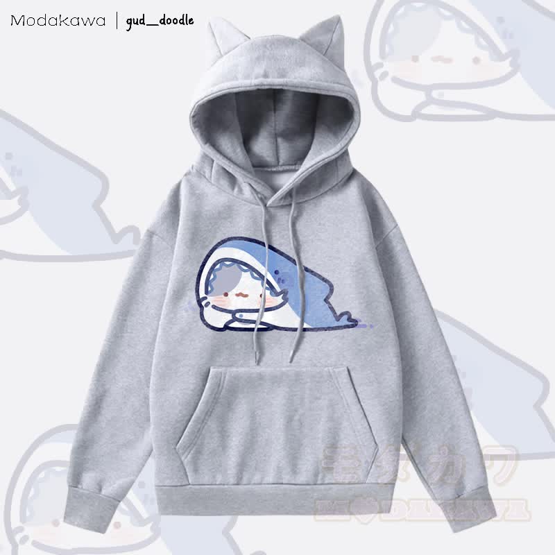 MODAKAWA x gud_doodleキティシャークグラフィックポケット付きフリース裏地パーカー（猫耳付き） - グレー - 2XL - image 1