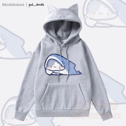 MODAKAWA x gud_doodleキティシャークグラフィックポケット付きフリース裏地パーカー（猫耳付き） - グレー - 2XL - image 1