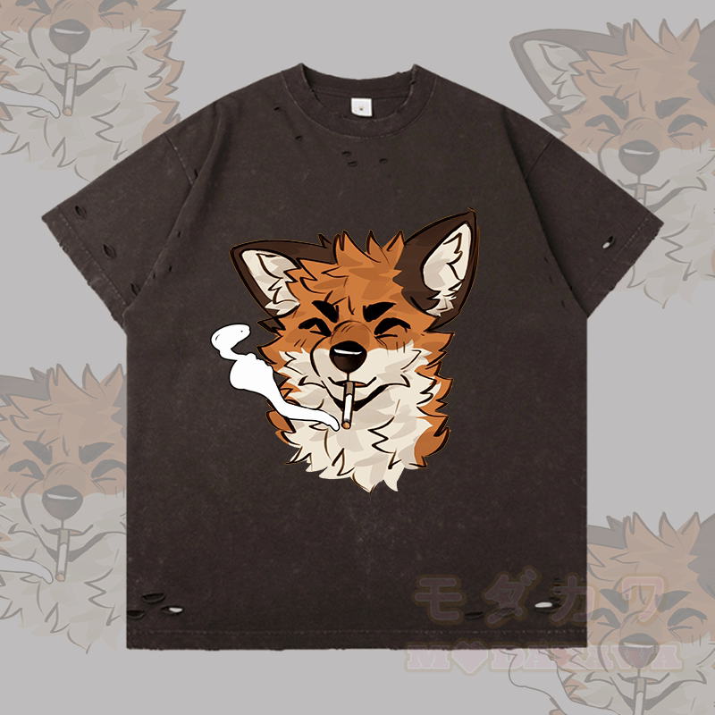 MODAKAWA X atka Fox スモーキンググラフィック リップドTシャツ - ダークブラウン - 2XL - image 5