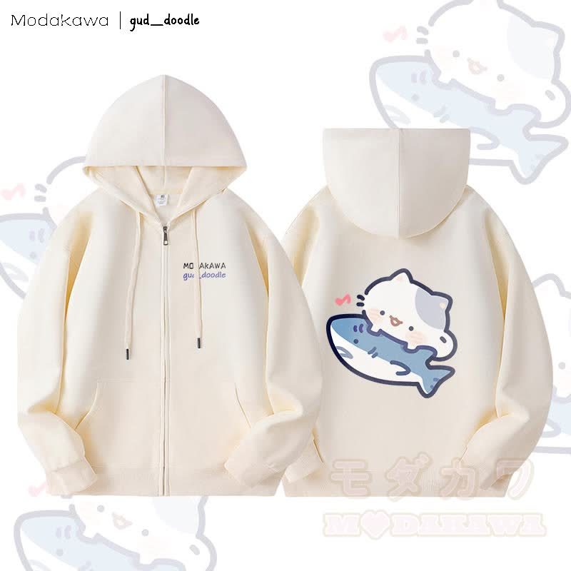 MODAKAWA X gud_doodleキティシャークグラフィック フリース裏地 ジップアップ パーカー スウェットシャツ - ベージュ - 5XL - image 4