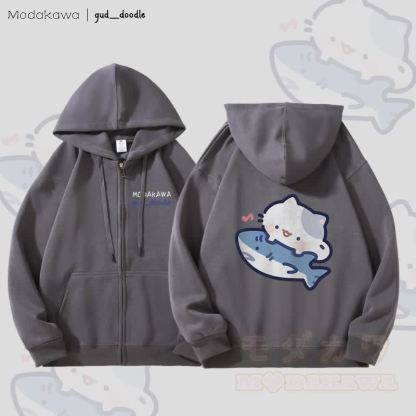 MODAKAWA X gud_doodleキティシャークグラフィック フリース裏地 ジップアップ パーカー スウェットシャツ - ダークグレー - 5XL - image 2
