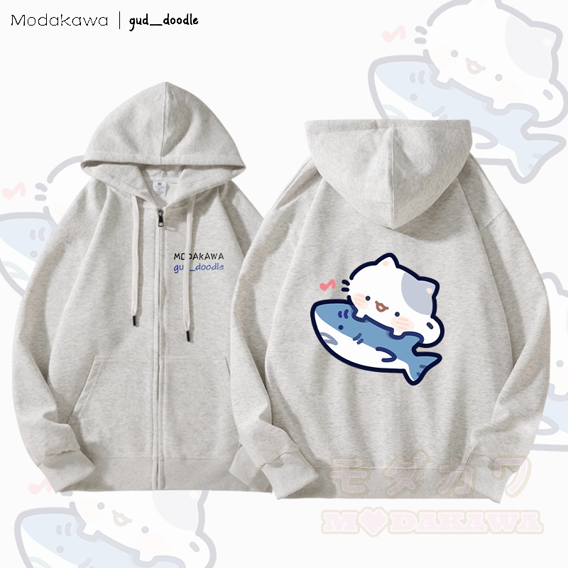 MODAKAWA X gud_doodleキティシャークグラフィック フリース裏地 ジップアップ パーカー スウェットシャツ - ライトグレー - 5XL - image 3