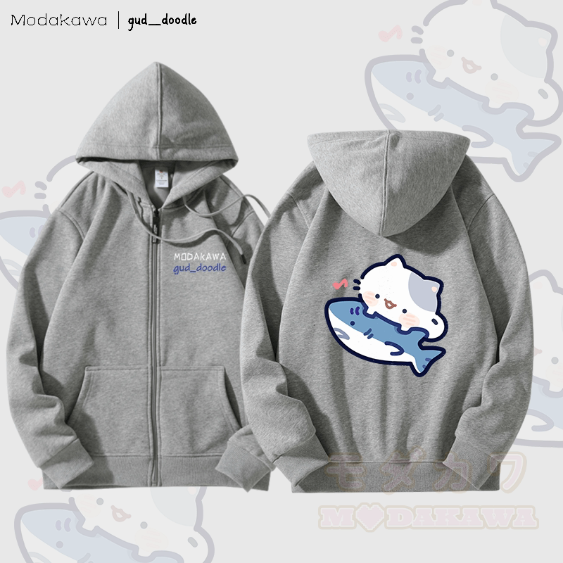 MODAKAWA X gud_doodleキティシャークグラフィック フリース裏地 ジップアップ パーカー スウェットシャツ - グレー - 5XL - image 1