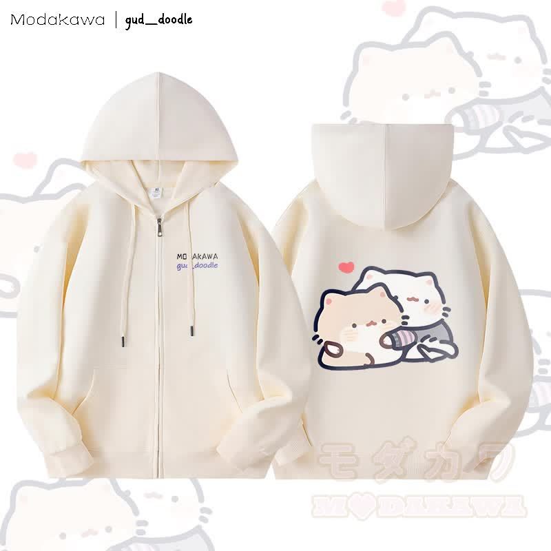 MODAKAWA X gud_doodleキティグラフィック フリース裏地 ジップアップ パーカー スウェットシャツ - ベージュ - 5XL - image 4