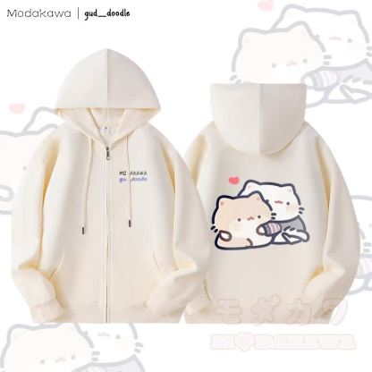 MODAKAWA X gud_doodleキティグラフィック フリース裏地 ジップアップ パーカー スウェットシャツ - ベージュ - 5XL - image 4