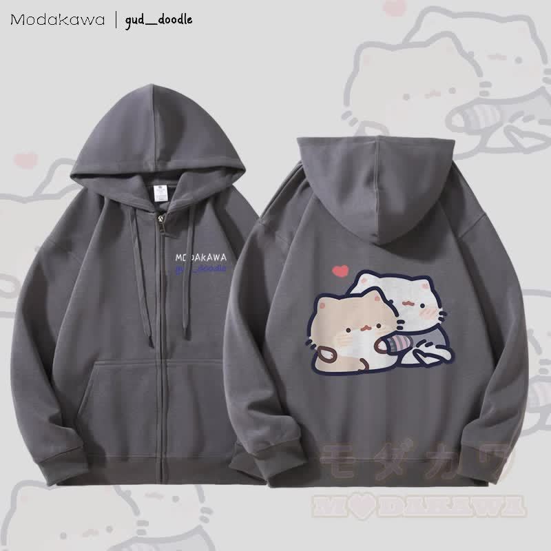 MODAKAWA X gud_doodleキティグラフィック フリース裏地 ジップアップ パーカー スウェットシャツ - ダークグレー - 5XL - image 1